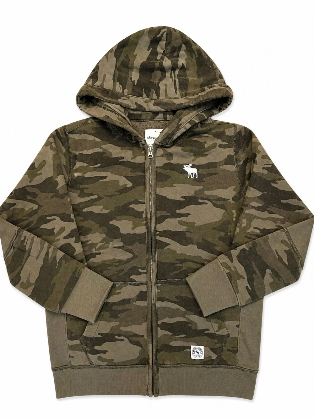 Abercrombie Kids Camo Zip Hoodie Jacket 15/16 | Green Camouflage Logo Full Zip